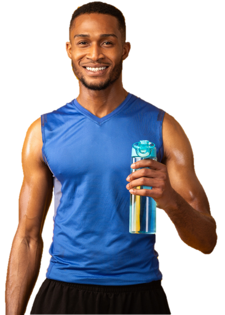 sporty afro-american guy with a bottle in his hands