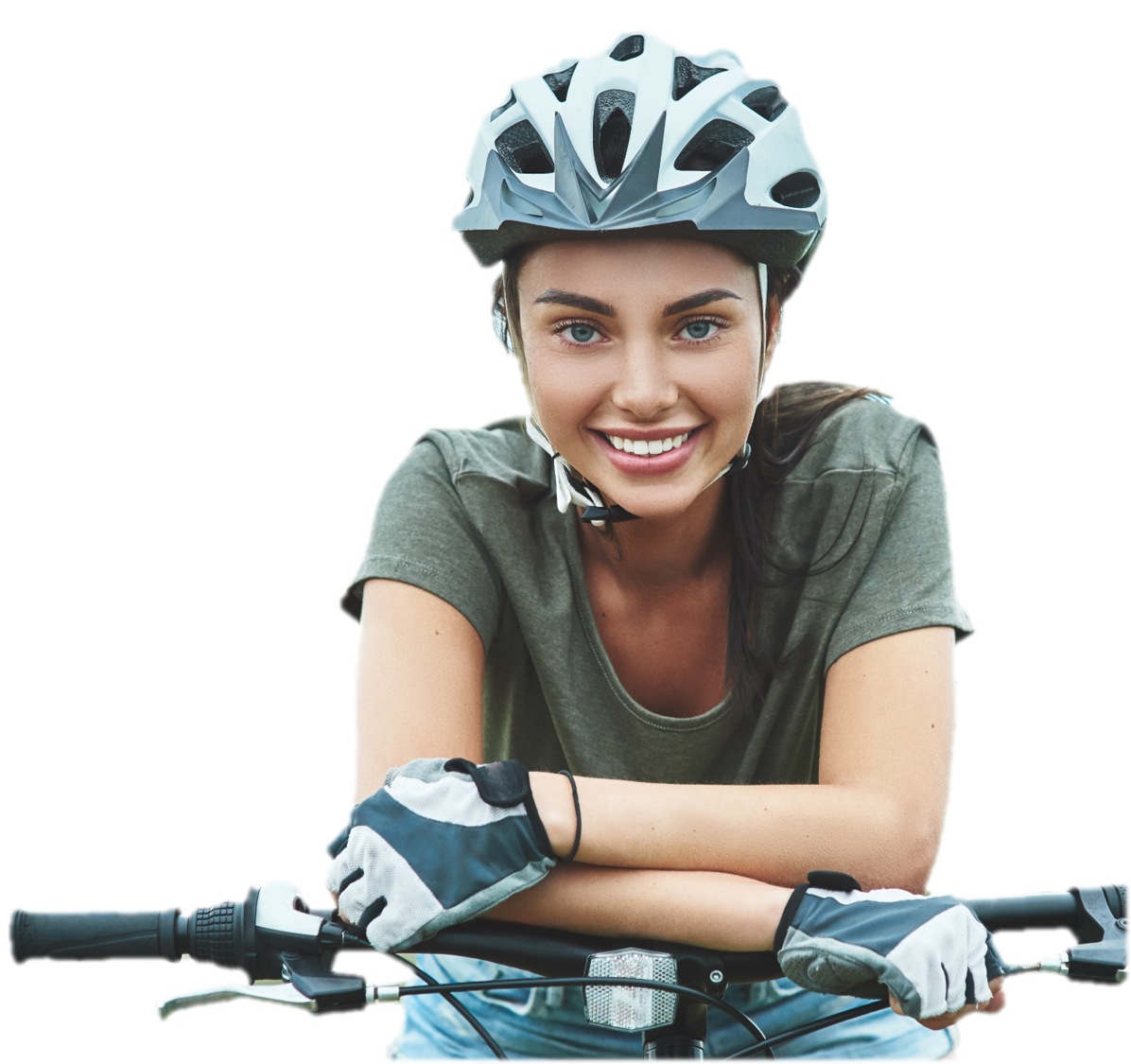 a woman on a bike wearing bike helmet
